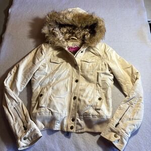 Vintage Y2K Hollister Surf‎ Company Faux Fur Hooded Bomber Jacket Womens Small